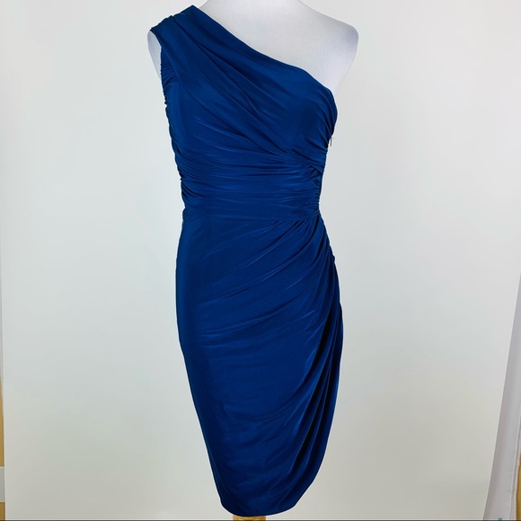 Eliza J Blue One Shoulder Ruched Cocktail Dress Sz 6 - Picture 2 of 12